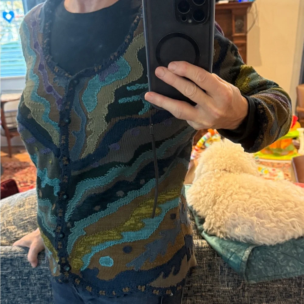 Peruvian Connection all Cotton Knit Cardigan in turquoise, sapphire, and purple - Picture 2 of 6